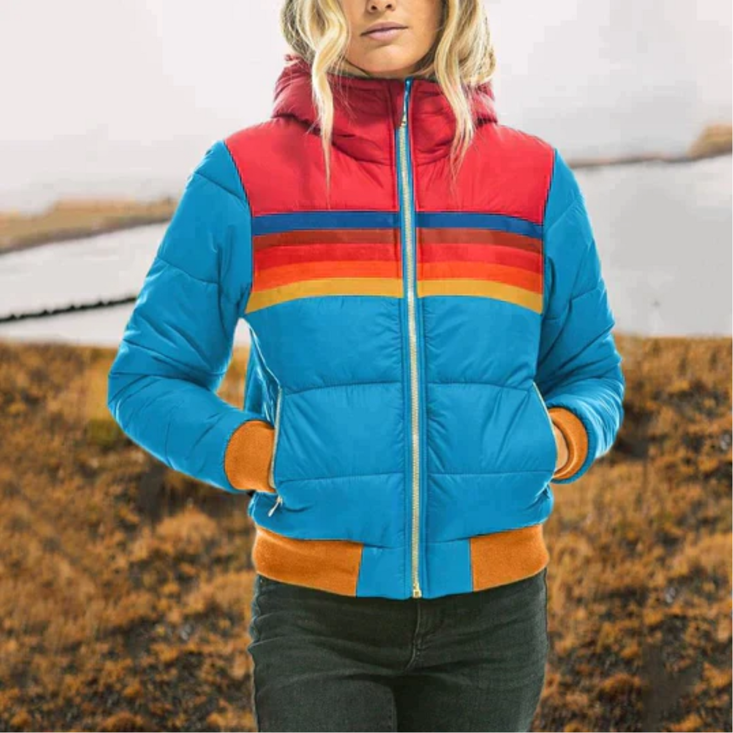 Women's Winter Puffer Jacket | With Retro Stripes