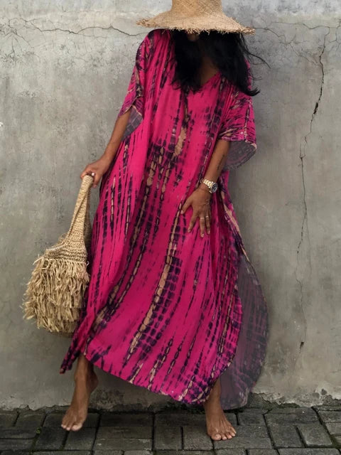 Caftan dress for women - loose fit - V-neck Tie-Dye bohemian style