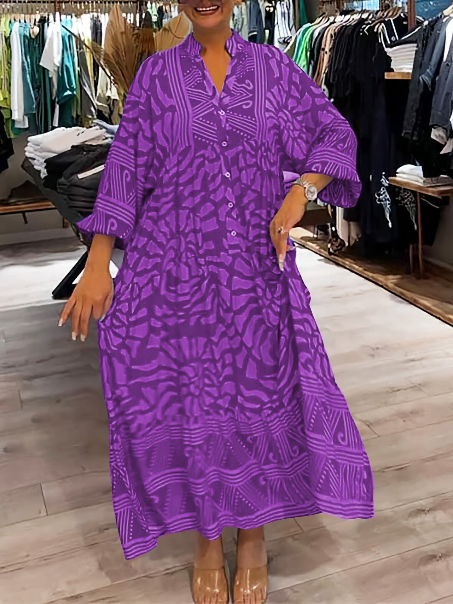 Women's V Neck Flowy Dress with Loose Fit and Tummy Control