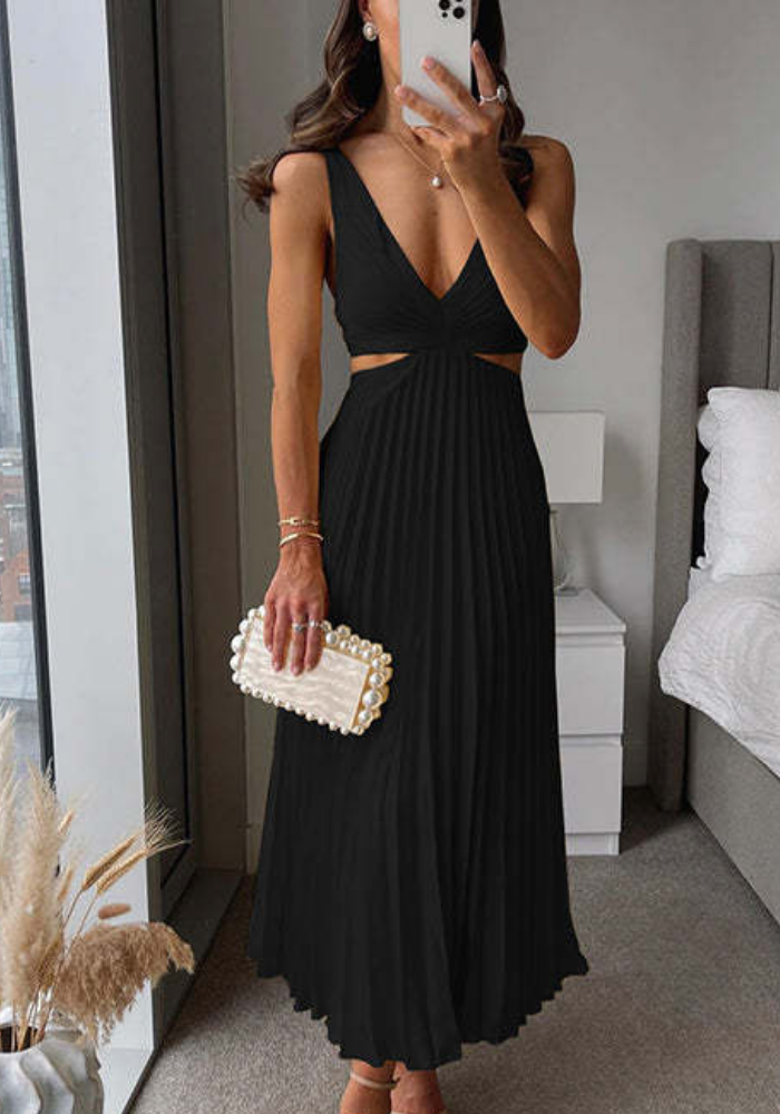 Women's Pleated Dress with Waist Cutout | Maxi