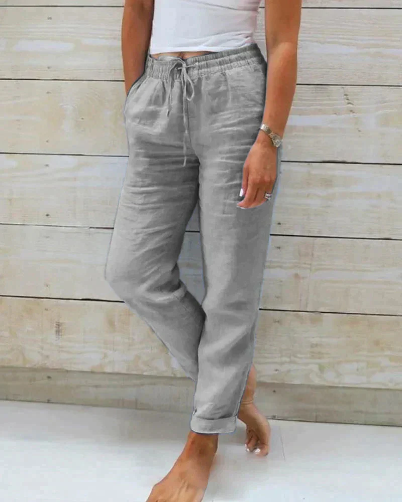 Summer linen pants with elastic waistband and drawstring