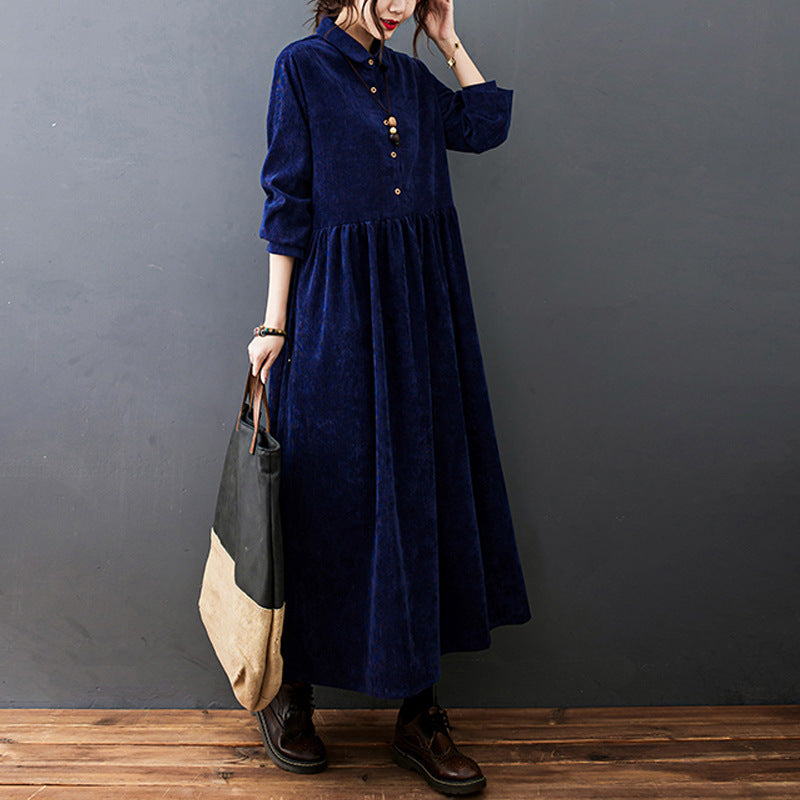 Women's Corduroy Maxi Dress with Shirt Collar and Button Placket