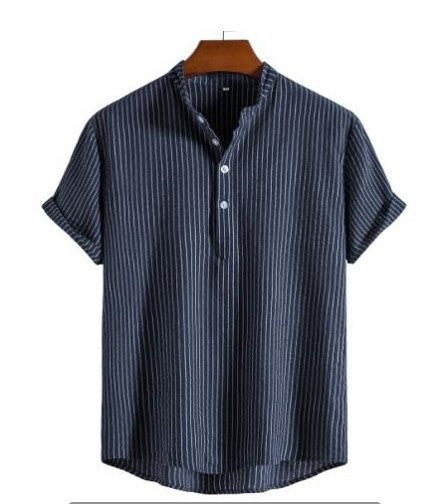 Striped linen shirt with half button placket for men