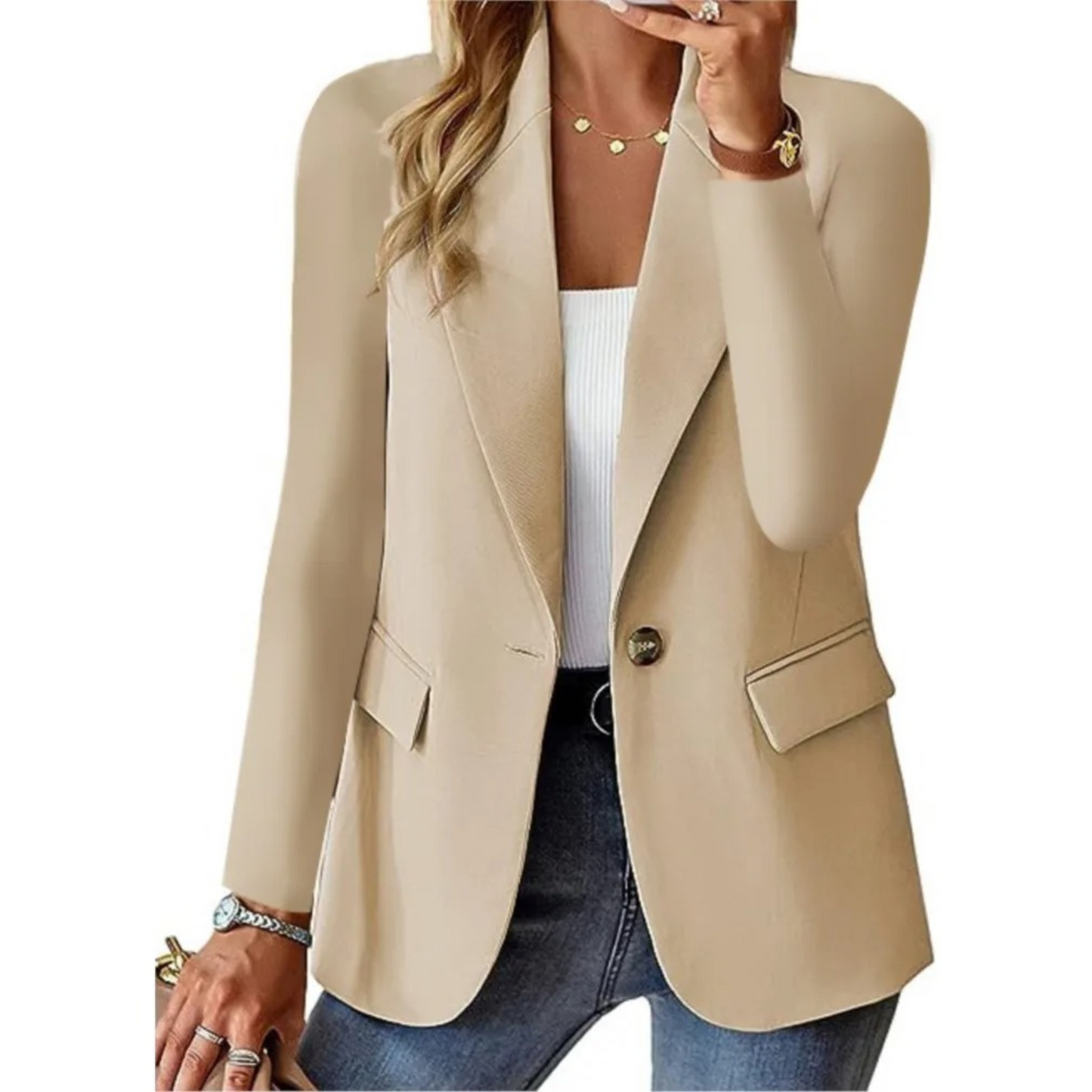 Casual long-sleeve blazer with slim pocket and buckle for women