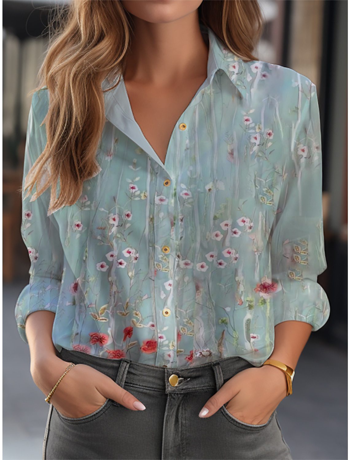 Florine | Elegant blouse women with floral pattern and V-neckline