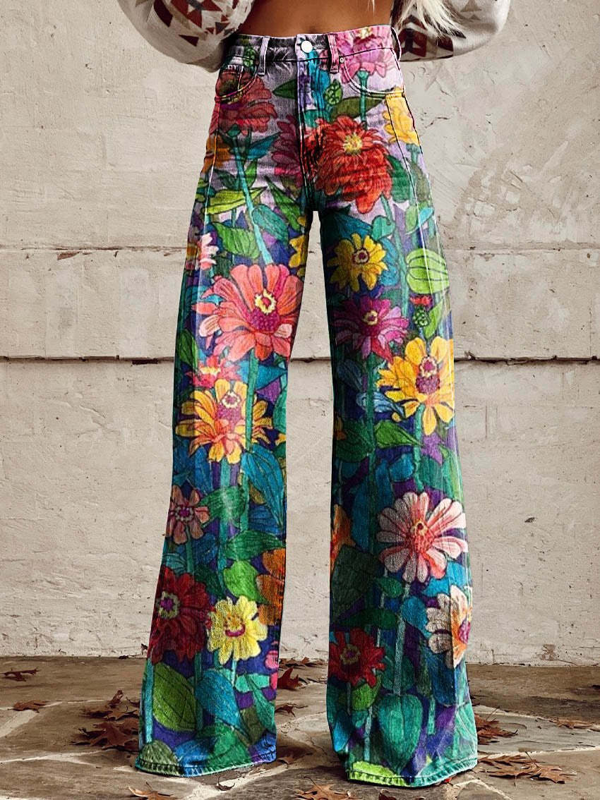 Women's wide-leg jeans | floral pattern, high waist