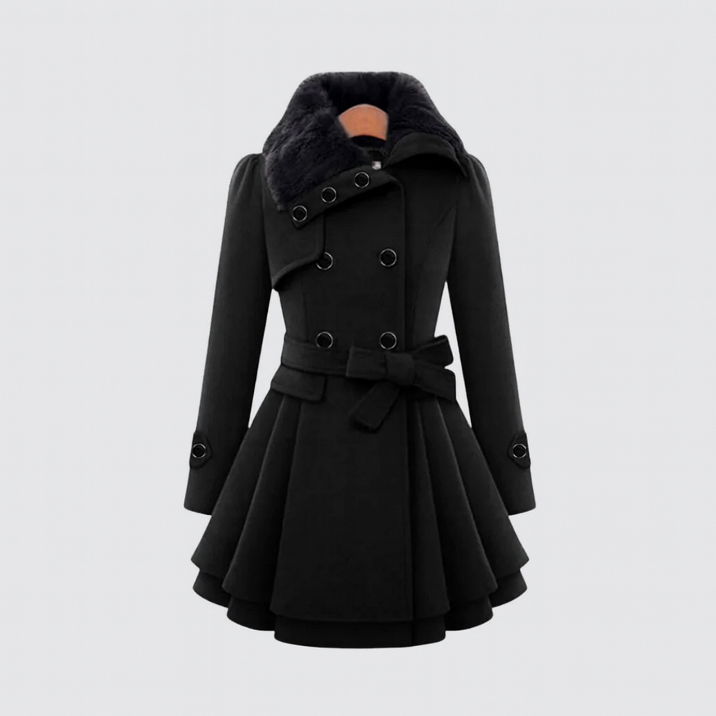TrendAura | Belted Fur-Collar Coat