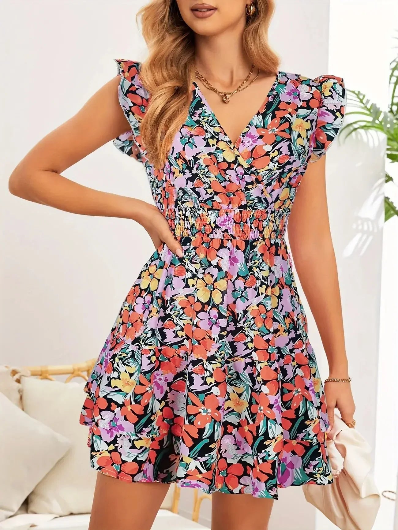 Women's short dress with V-neck and floral pattern