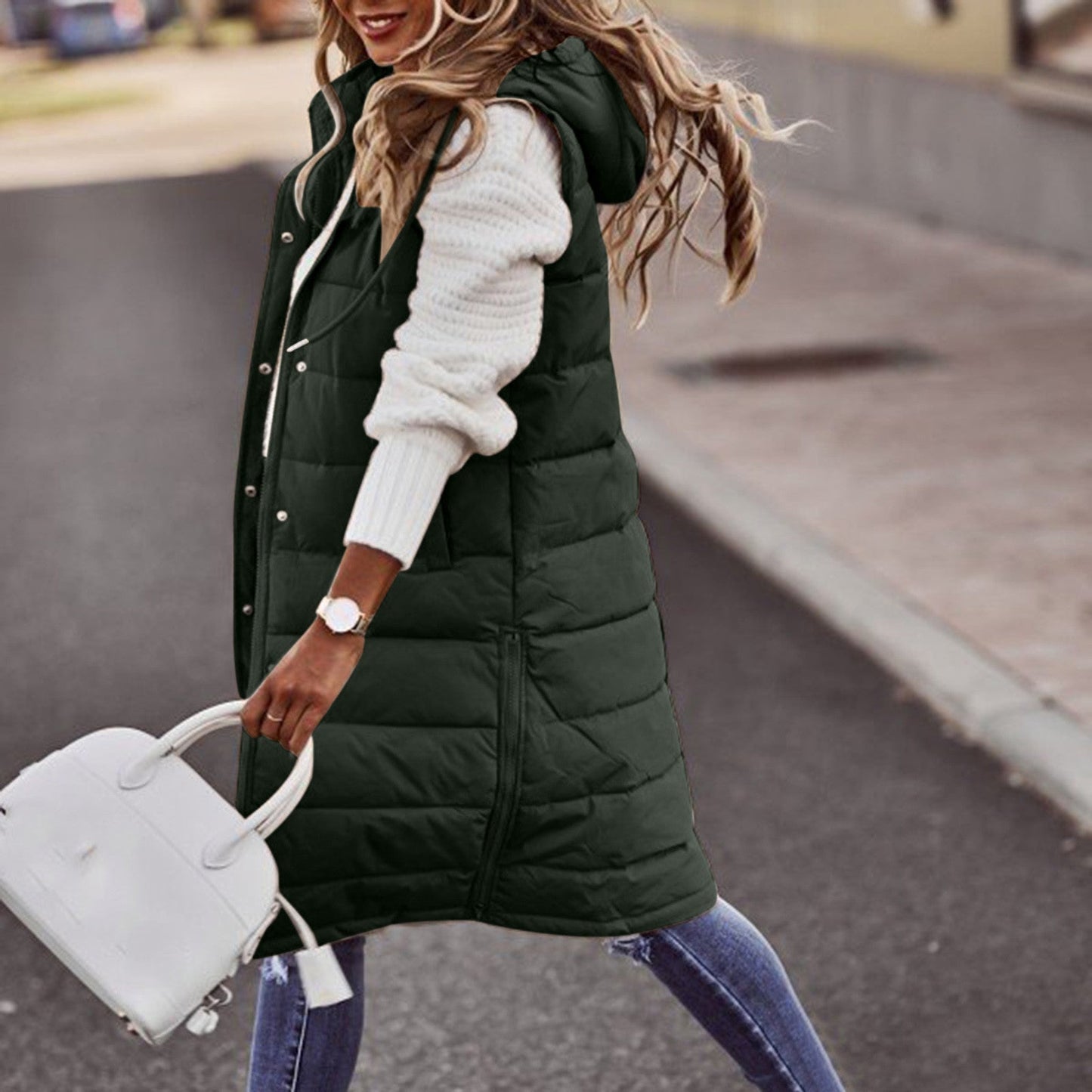 Women's Long Winter Down Vest with Hood | Quilted