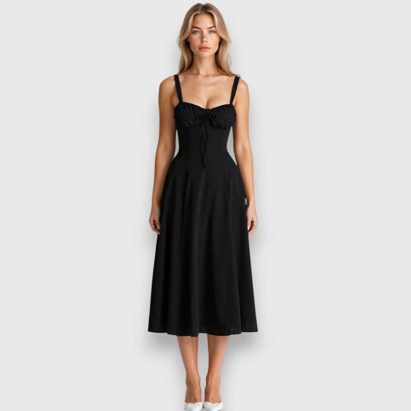 Elegant corset dress with midi length and flowing skirt