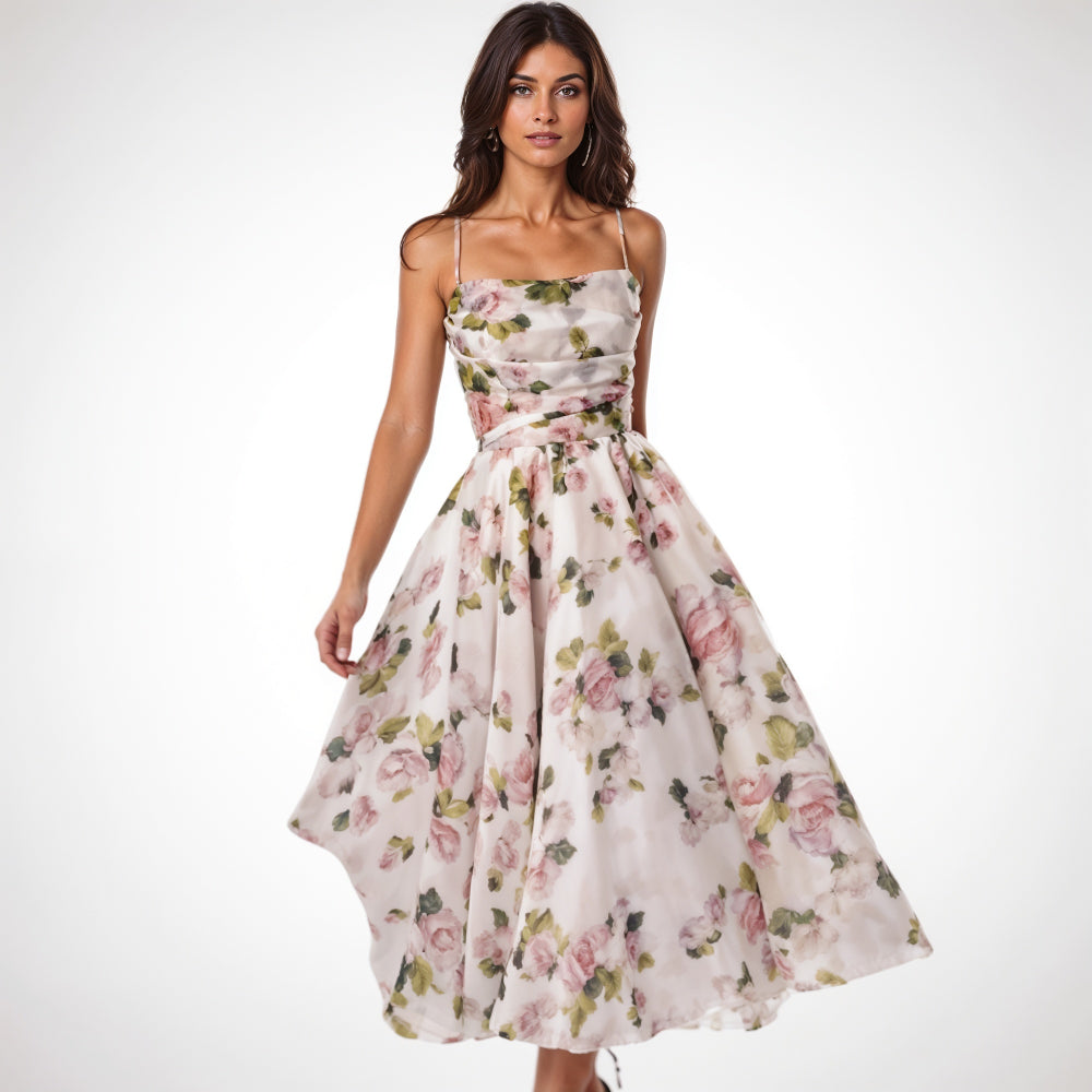 Elegant Floral Midi Dress With Spaghetti Straps – TrendAura