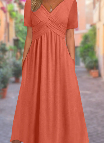 Elegant maxi summer dress long with V-neck and pockets