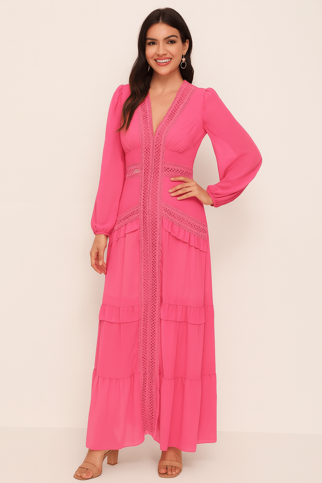 Elegant maxi dress with ruffles and V-neckline