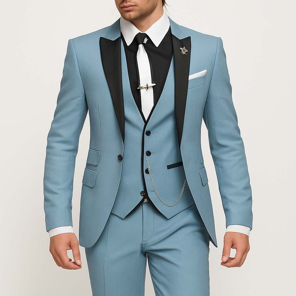 Three-piece linen suit for men: business blazer, vest, and trousers