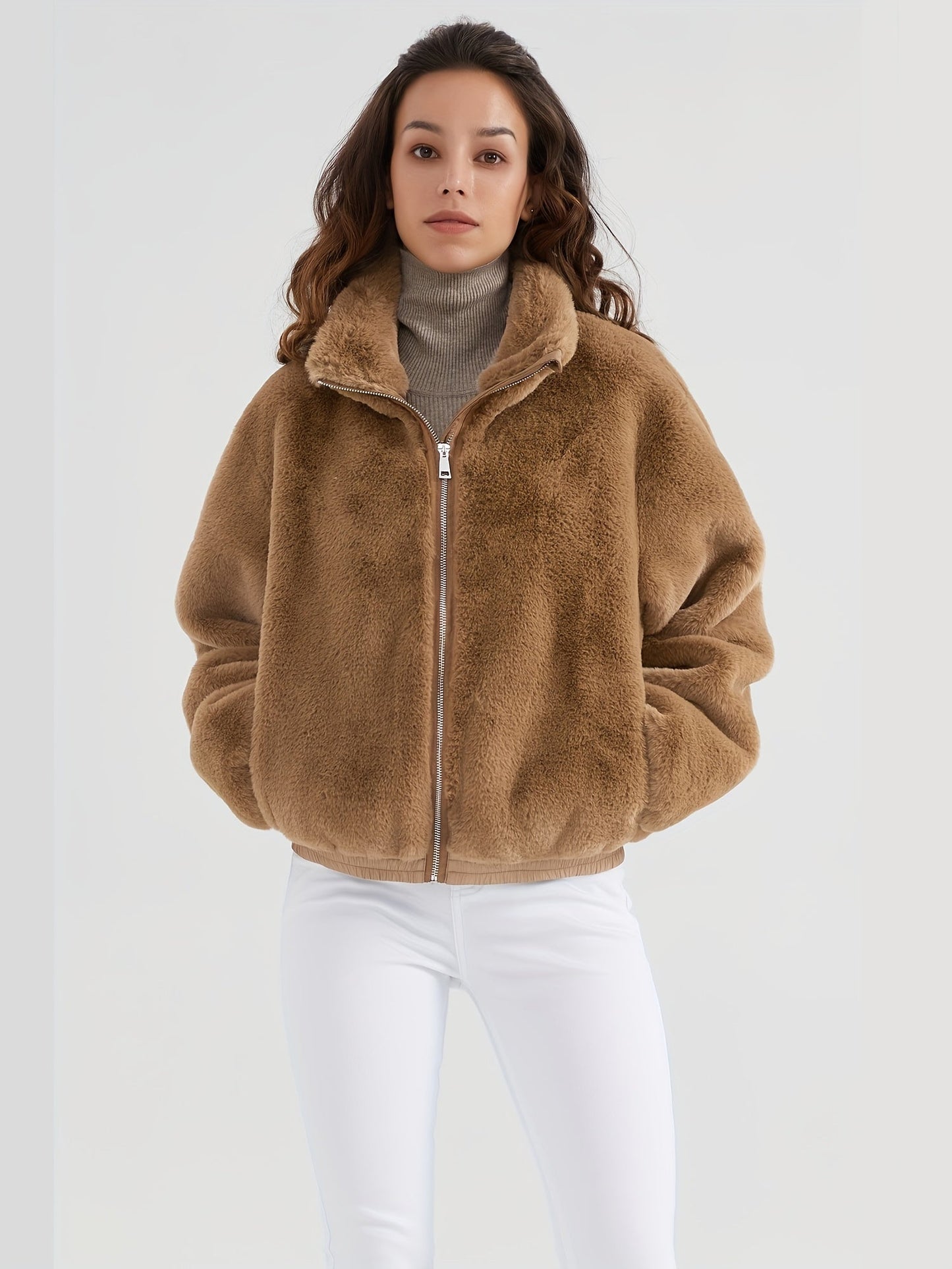 Fluffy winter jacket women with high collar