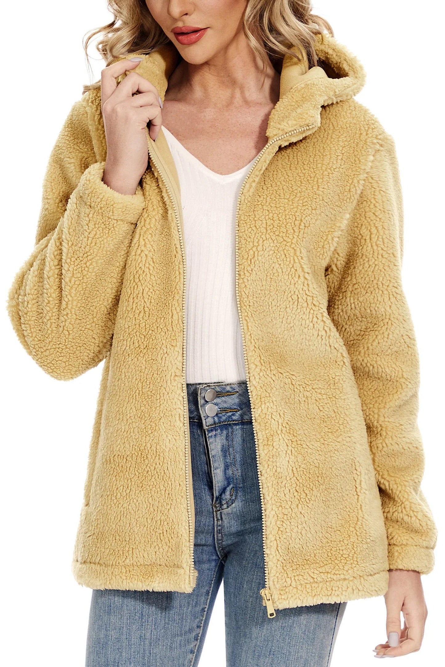 Fluffy fleece jacket for women with hood