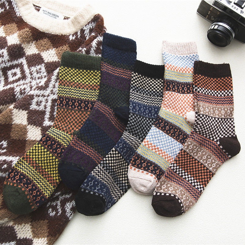 5 Pairs Warm Wool Blend Winter Socks with Nordic Scandinavian Patterns