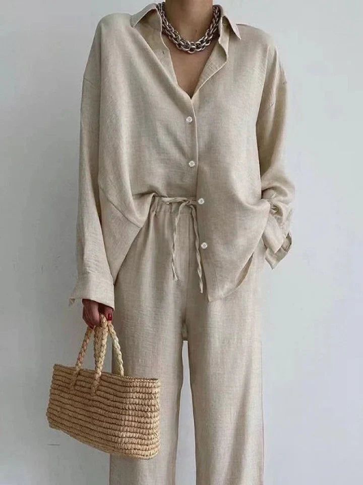 2-Piece Tie-Front Linen-Look Blouse & Wide Leg Woven Pants Set