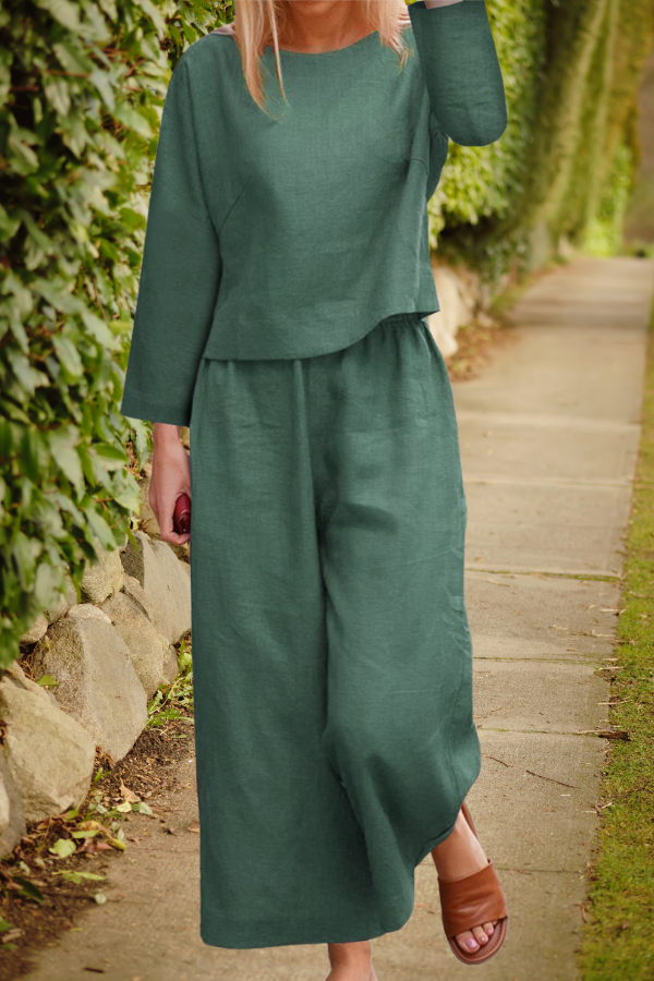 Airy linen ensemble with overlapping top and wide pant legs
