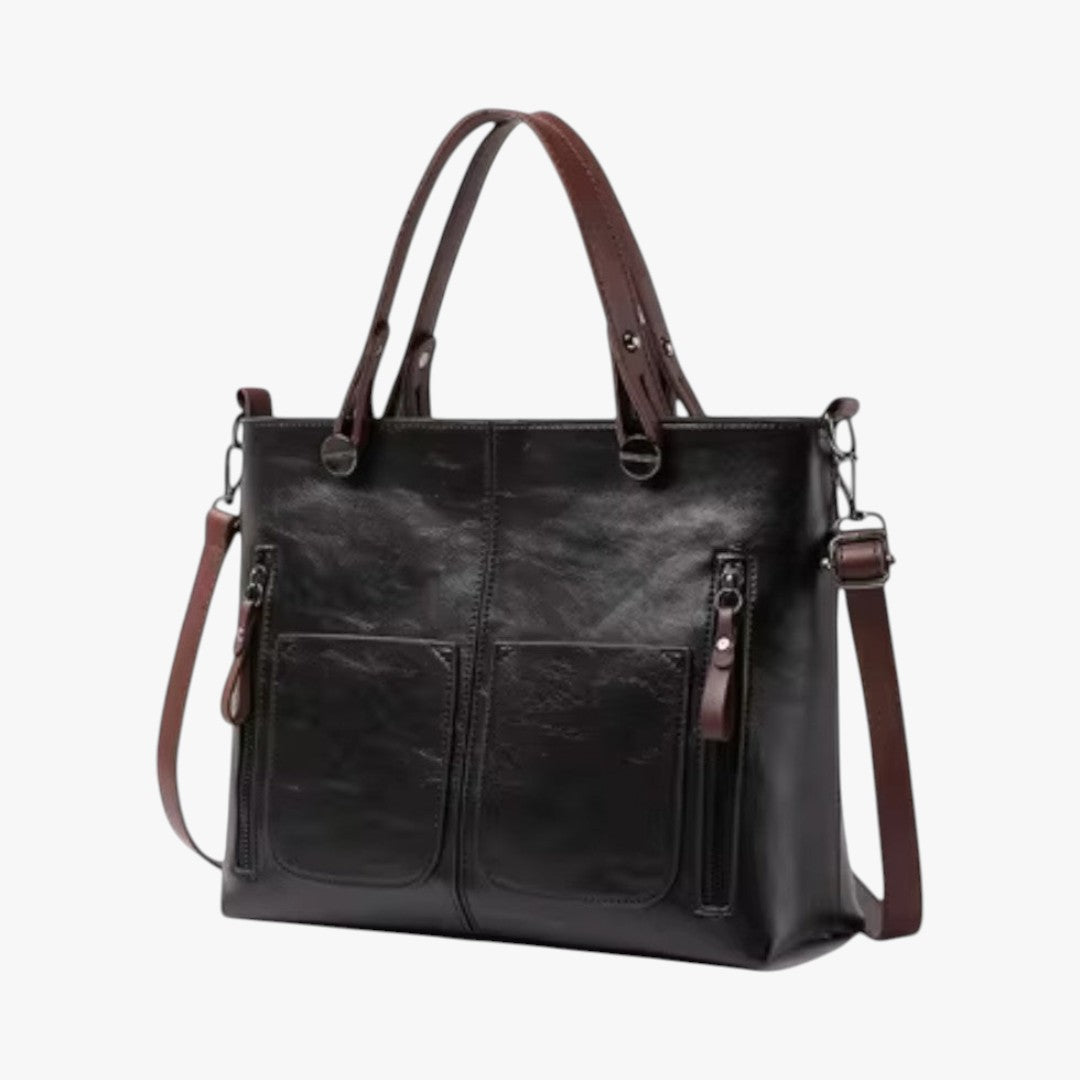 Vintage style multi-pocket leather handbag for women