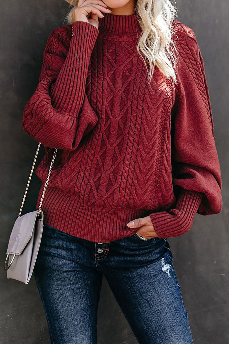Chunky knit sweater for women with high collar and voluminous sleeves
