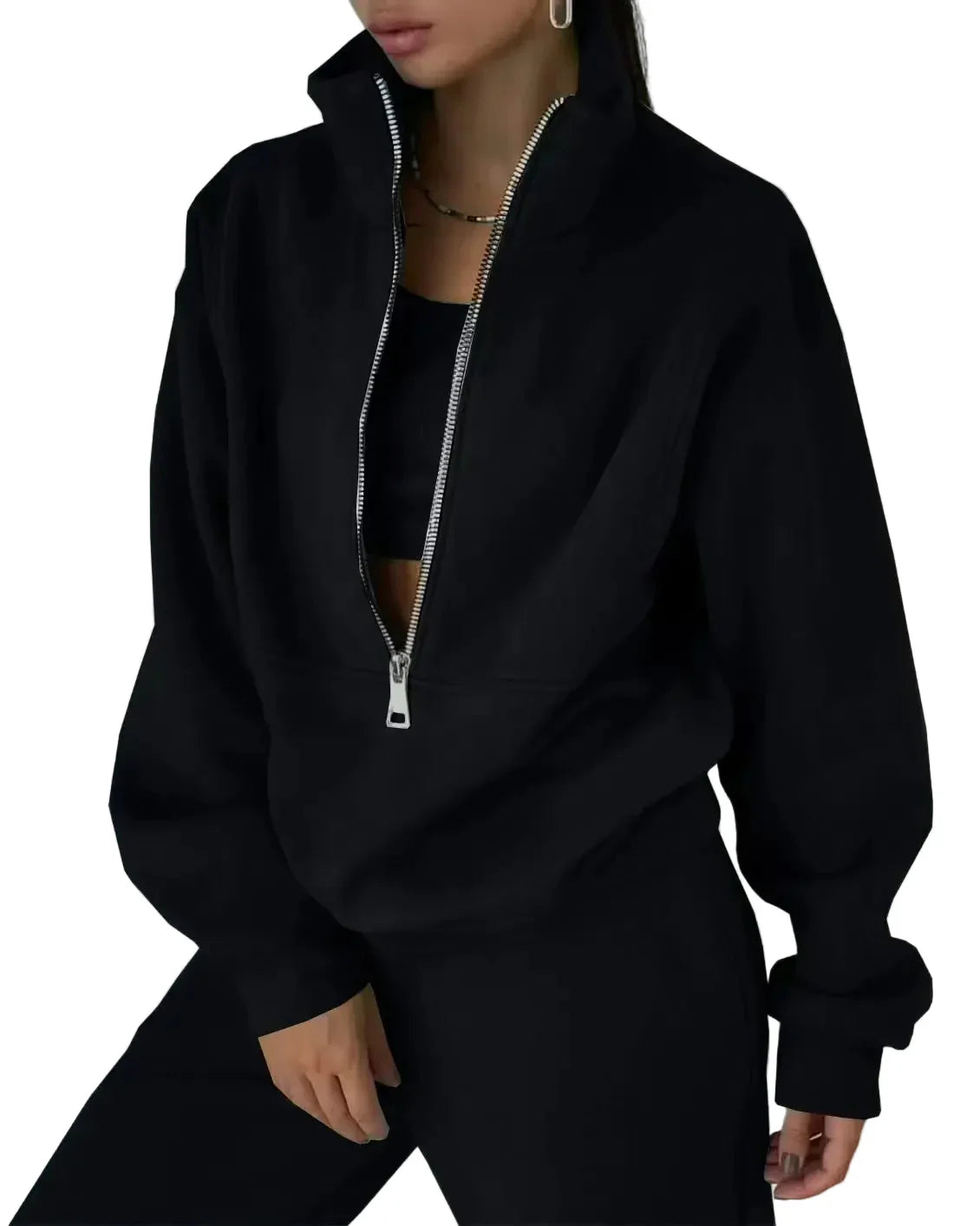 Women's tracksuit set with stand-up collar and zipper – fashionable casual suit for sports & everyday use