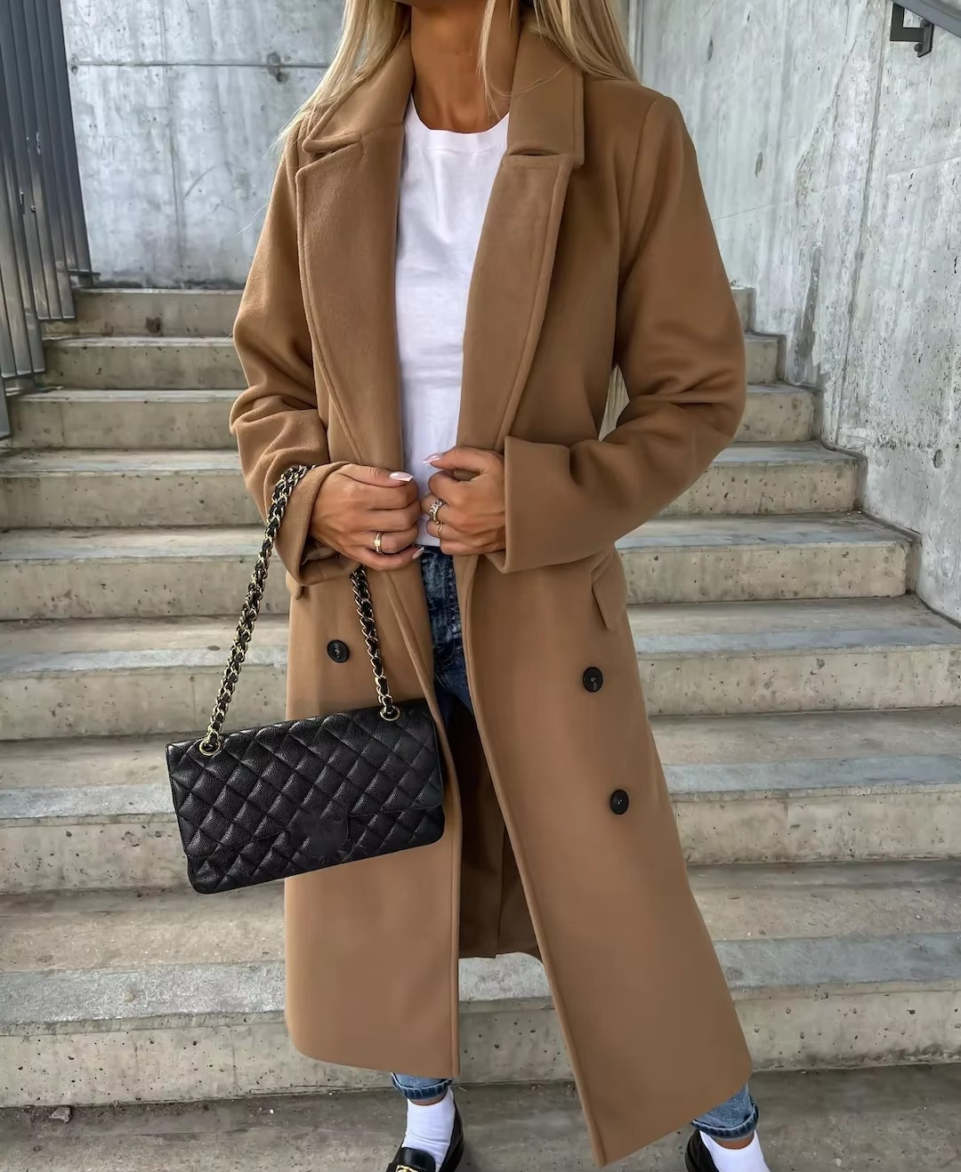 Women's Long Trench Coat | With Notched Collar & Button Placket