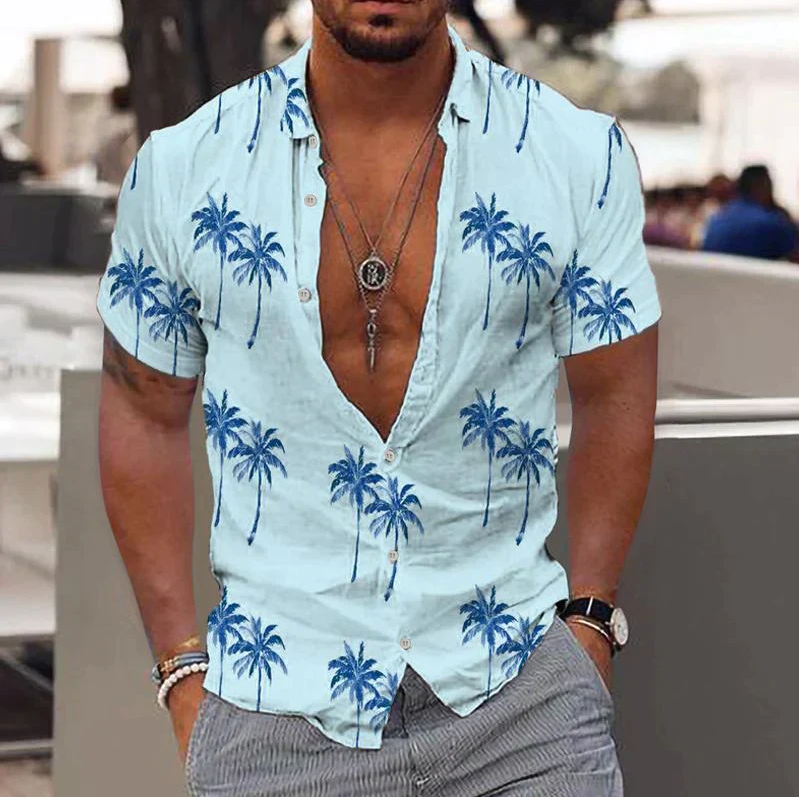 Short-sleeve shirt with button placket for men - Relaxed fit - Tropical palm print