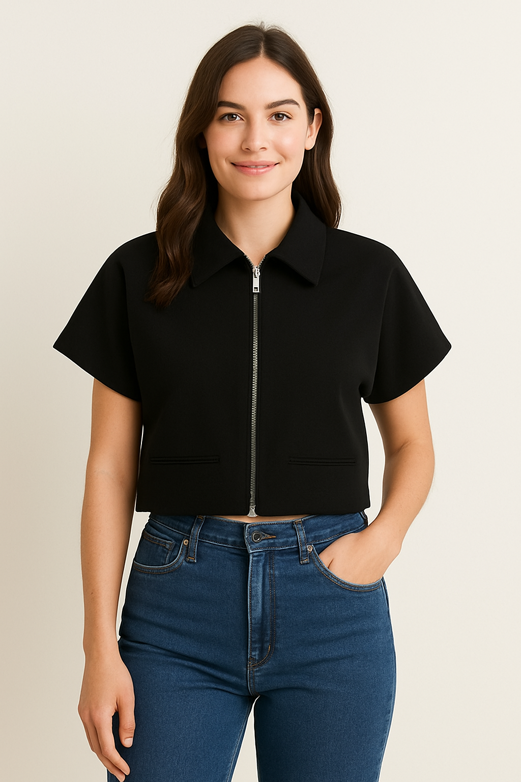Short-sleeve zip jacket black with collar