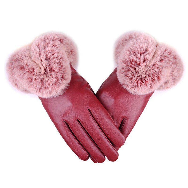 Stylish PU leather gloves with faux fur trim for women