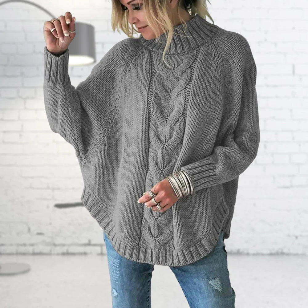 Women's Knitted Jumper | Funnel Collar with Cable Knit Pattern