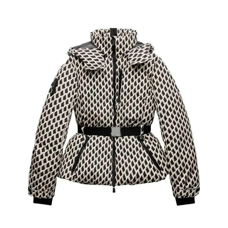Water-repellent puffer jacket women with waist belt