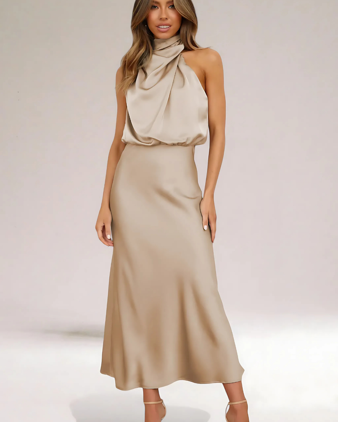 Women's Elegant Satin Maxi Dress with Halter Neckline