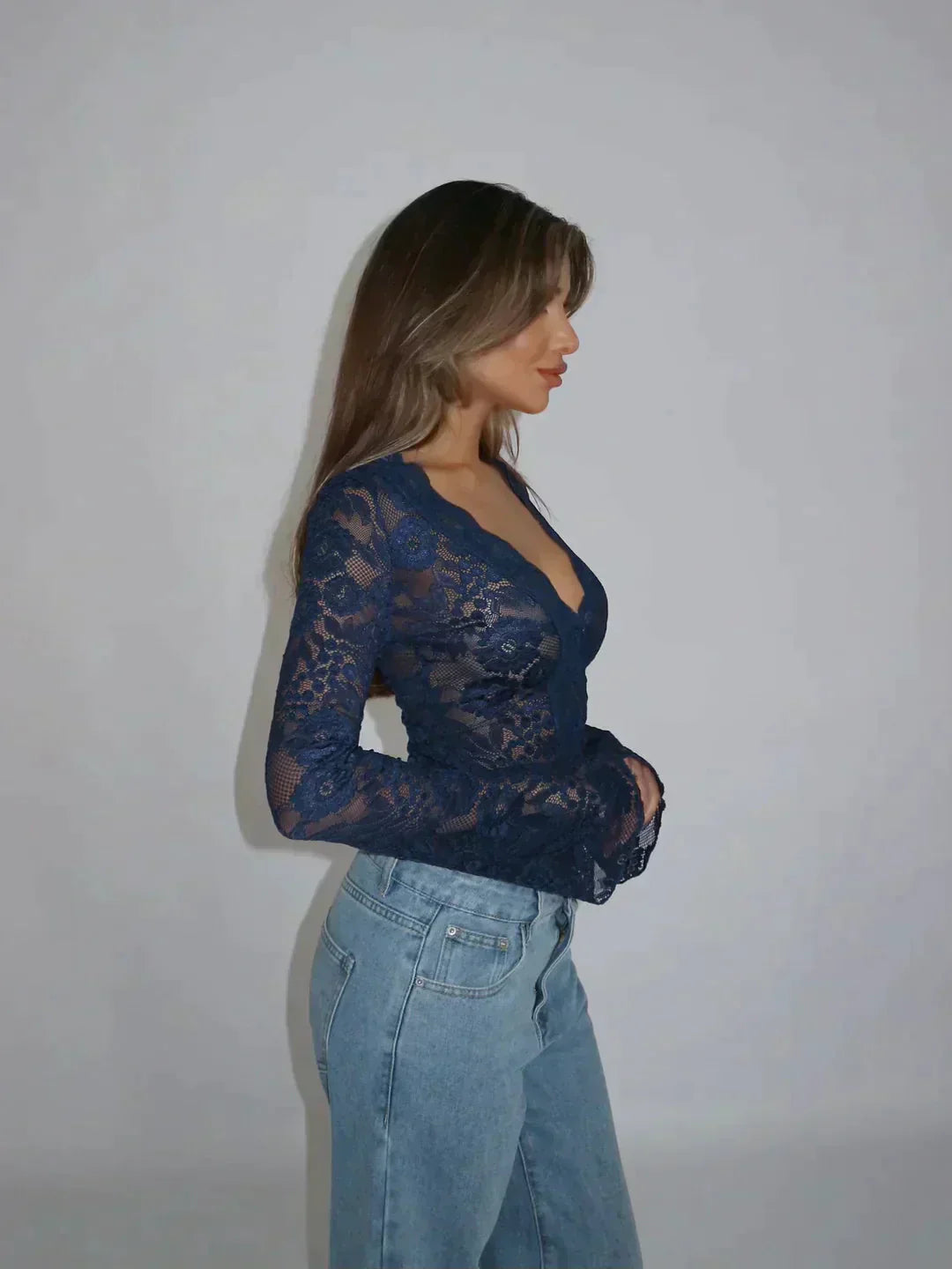 Women's Floral Lace Long Sleeve Crop Top