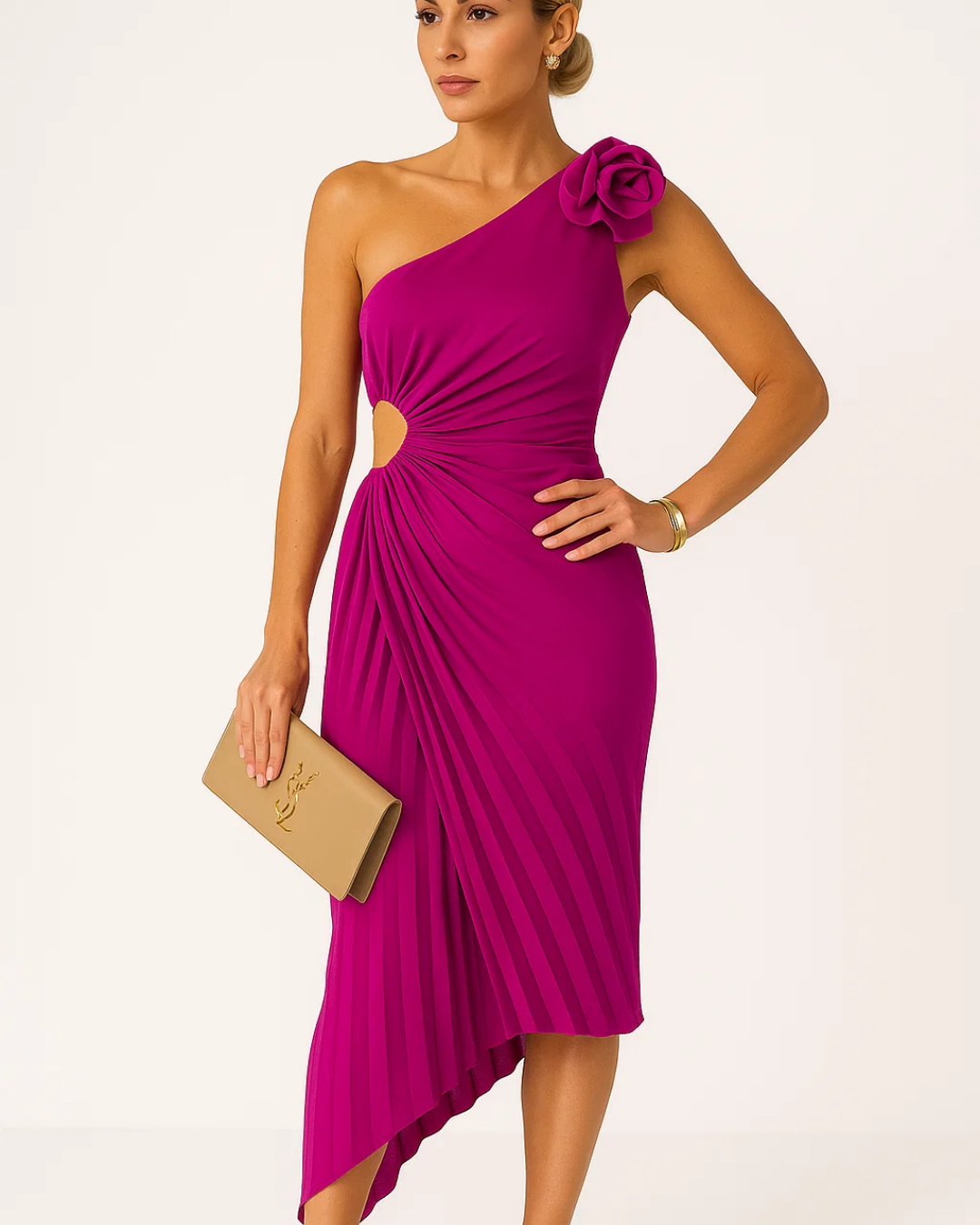 Women's One-Shoulder Pleated Midi Dress