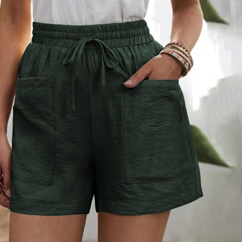 Casual linen shorts for women with elastic waistband and front pockets
