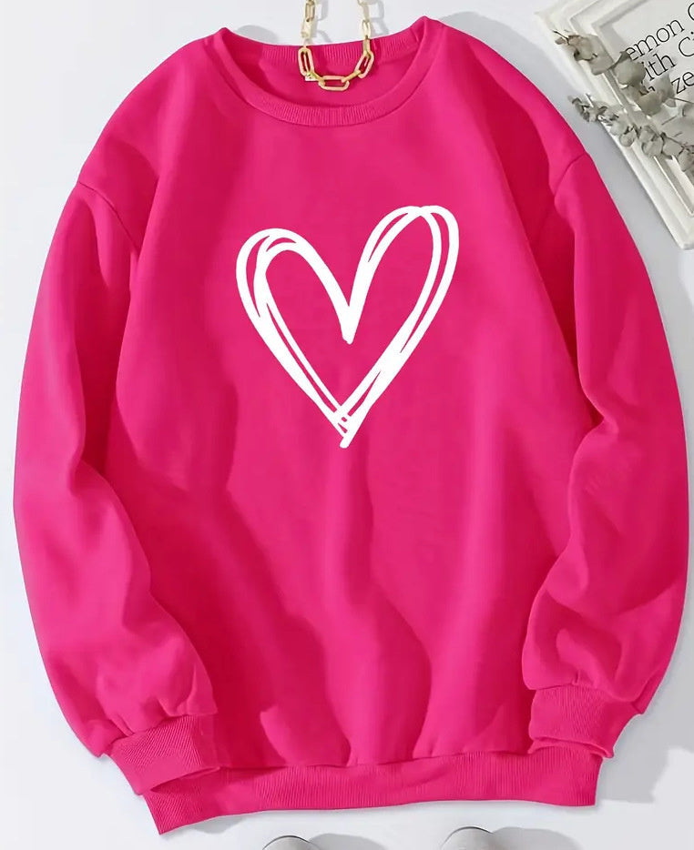 Heart print crew neck long sleeve sweatshirt