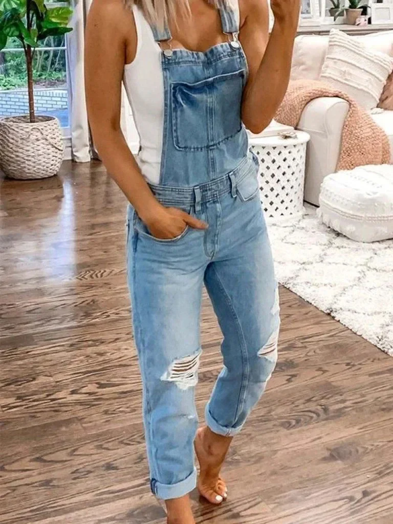 Women's pants - Casual denim jumpsuit with tears and adjustable straps