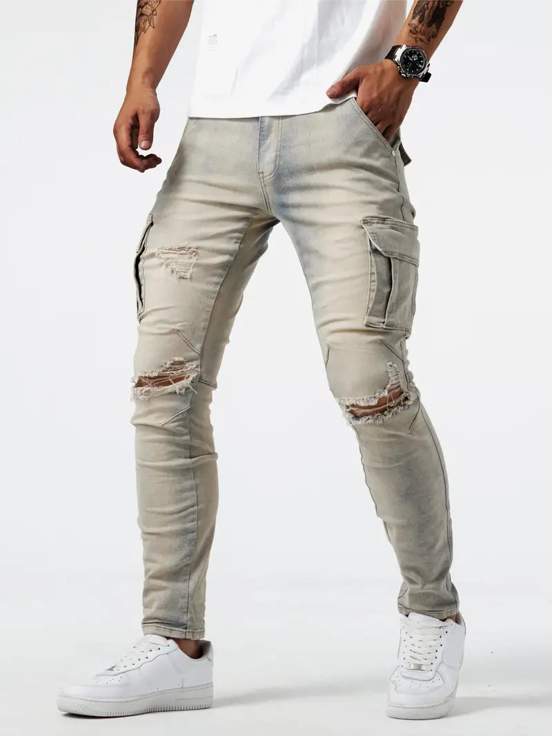 Slim fit multi-pocket jeans for men - stretch denim cargo pants
