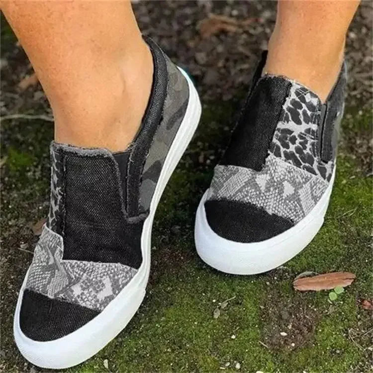 Sports Swag — Color-Block Canvas Slip-On Sneakers for Women – Leopard & Snake Print