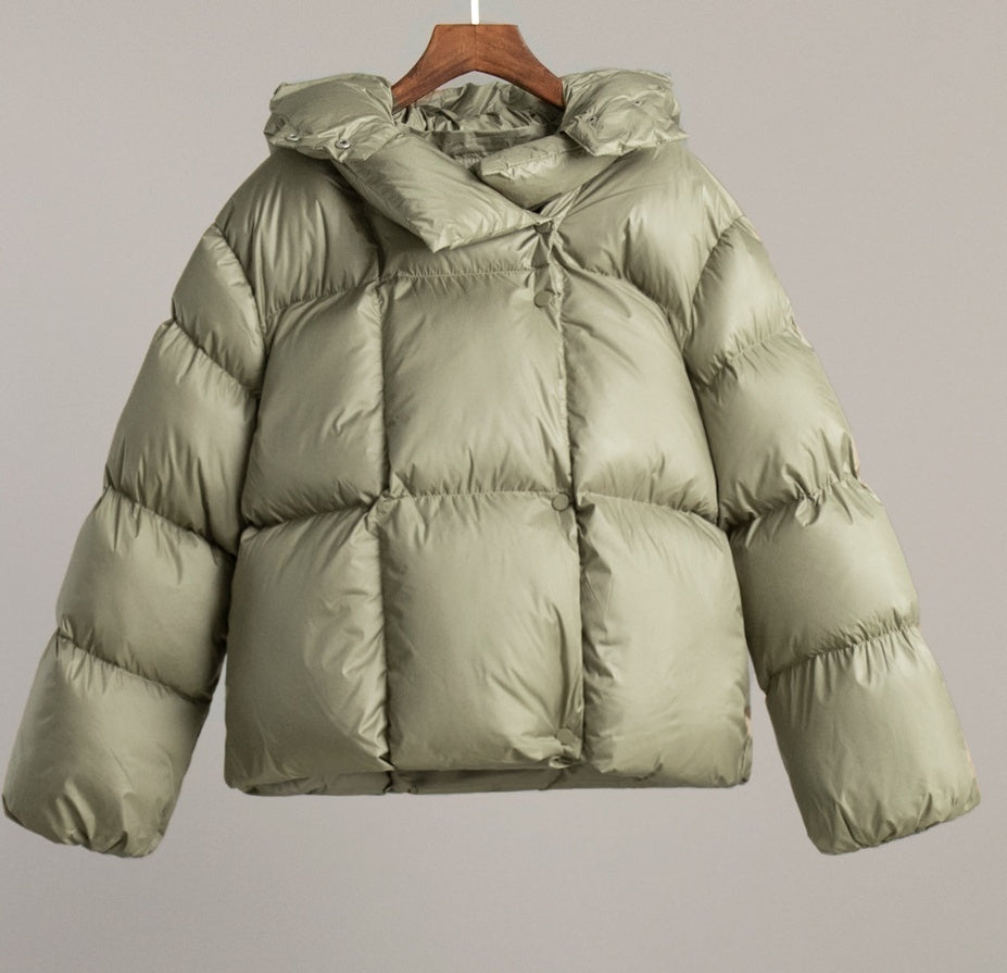 Winter quilted jacket with a large hood