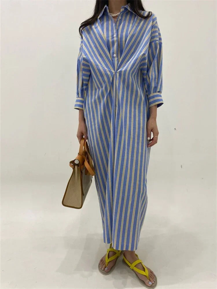 Alessia | Elegant shirt dress for women with gathers and stripes