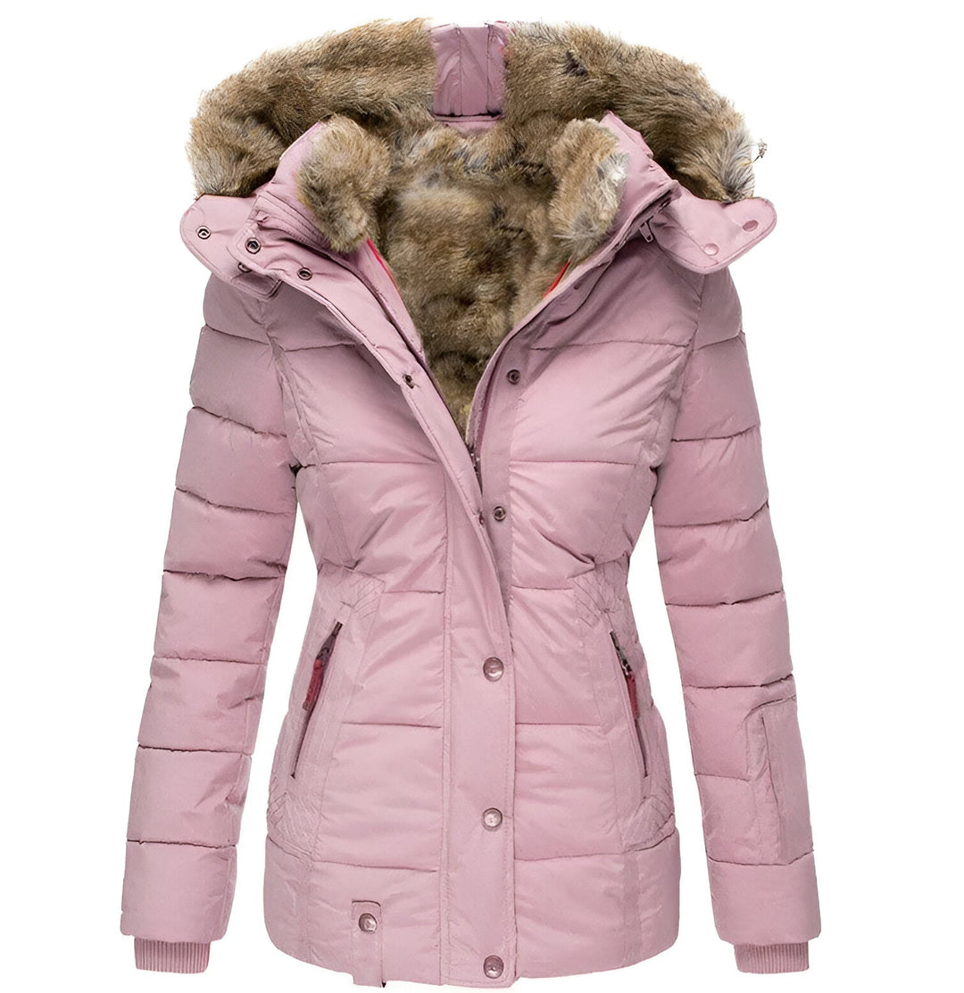 Women's Puffer Jacket with Hood and Slim Fit Design