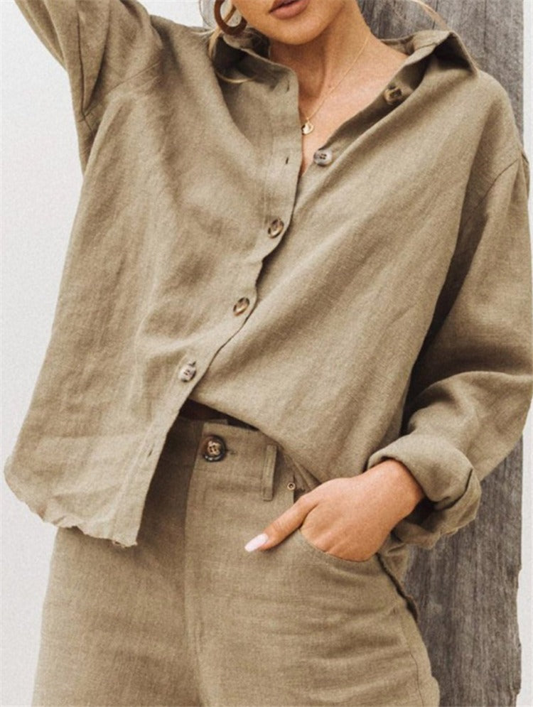 Women’s Shirt – Loose Fit – Cotton Linen Blend – Long Sleeve – Button Front Collar