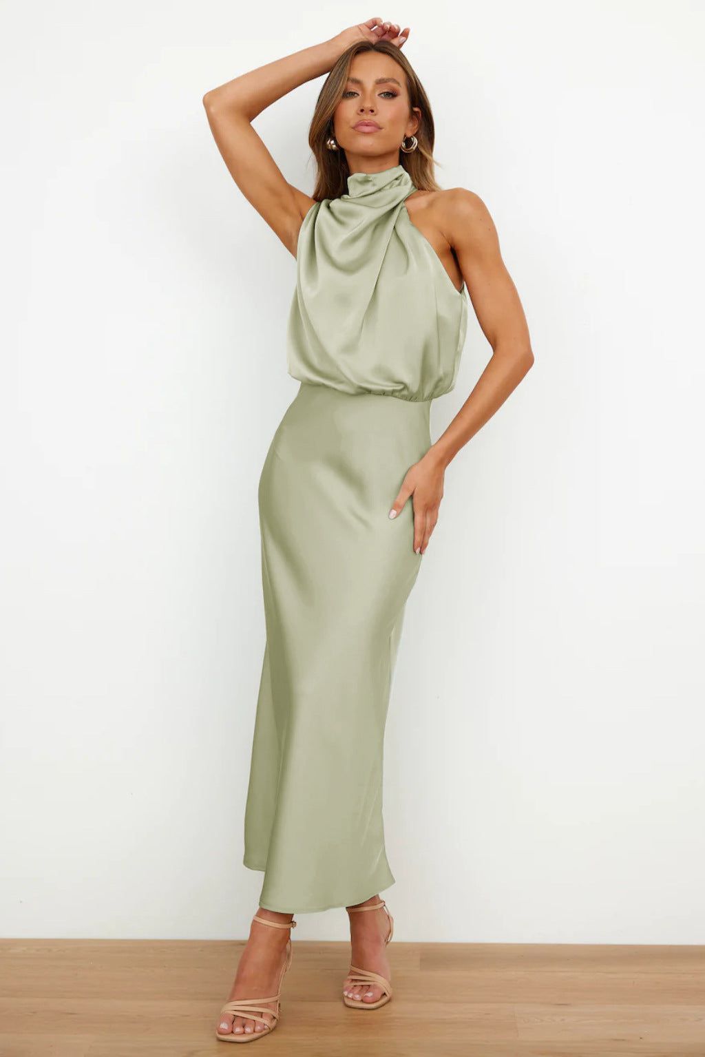 Satin Long Dress Sage Green With Draped Collar – TrendAura