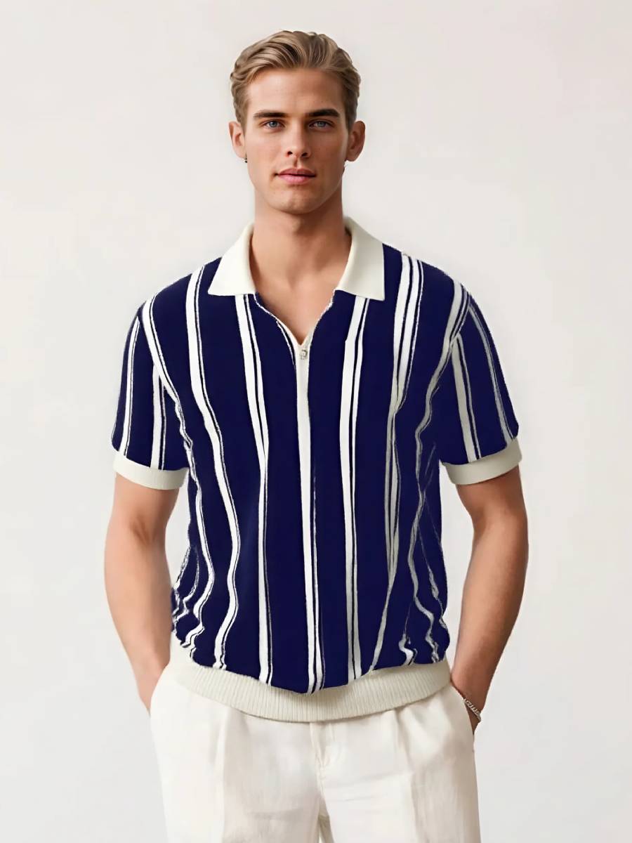 Quarter-Zip Polo Shirt with Vertical Stripes