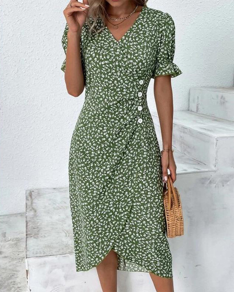 Women's V-Neck Dress with Floral Print and Flowy Design - TrendAura