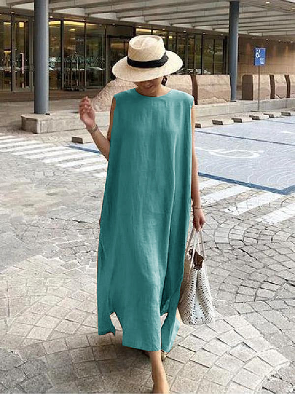 TrendAura Bohemian Linen Cotton Dress Womens Breathable Loose Fit With Round Neck And Side Slit