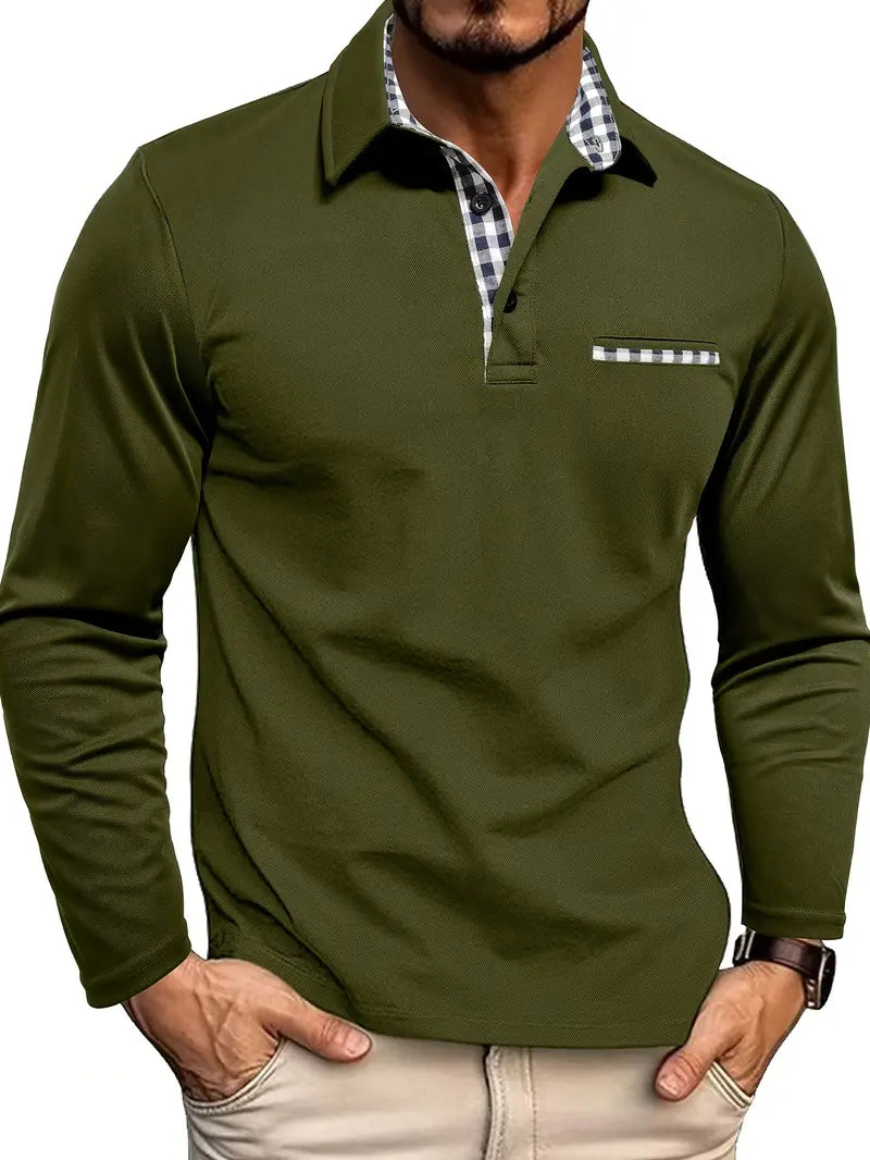 Jaxon Mens Long Sleeve Polo Shirt With Checkered Collar Trim And Soft Cotton Blend For Smart Casual Layering
