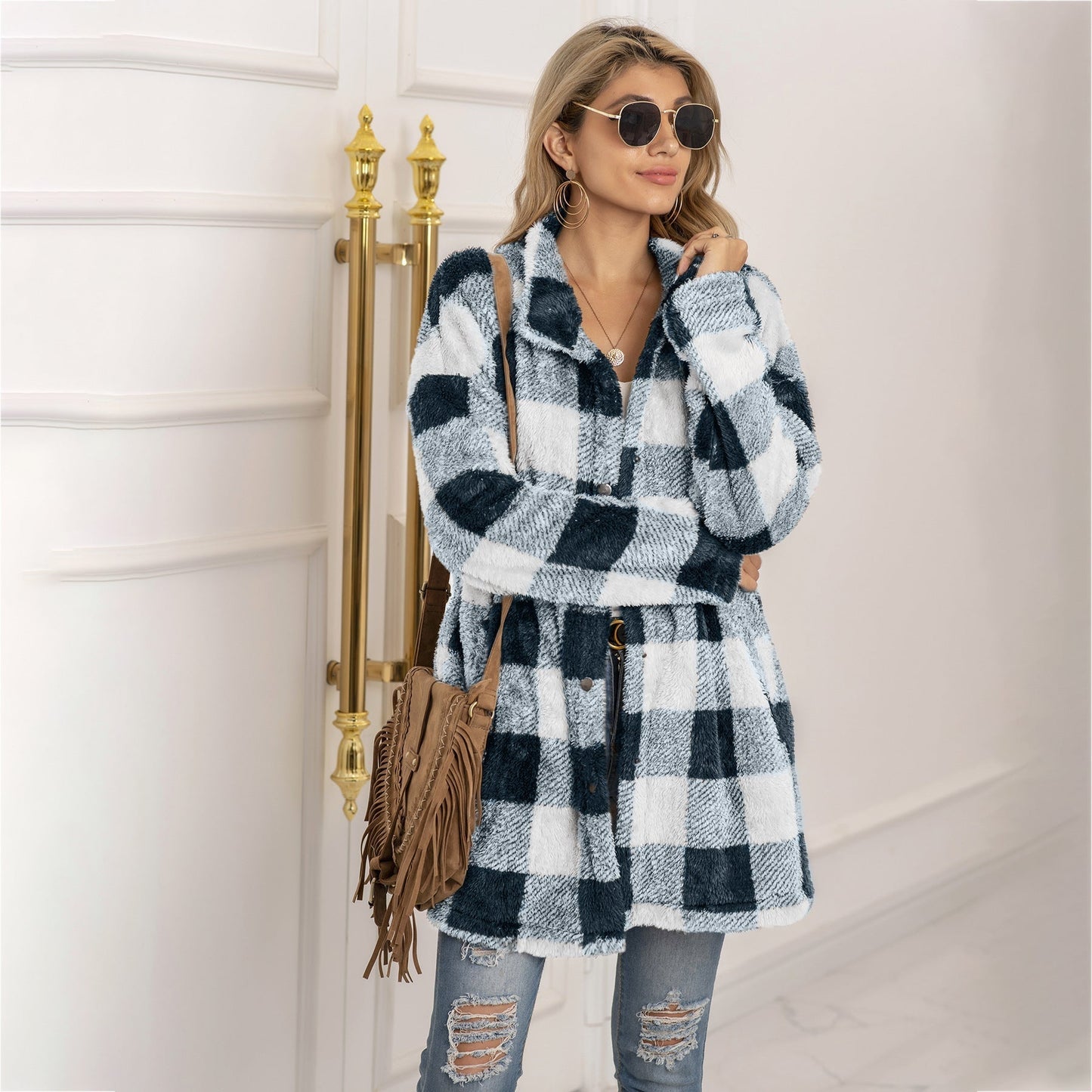 TrendAura Colorblock Fleece Plaid Coat For Women Longline Cozy Warm Winter Essential